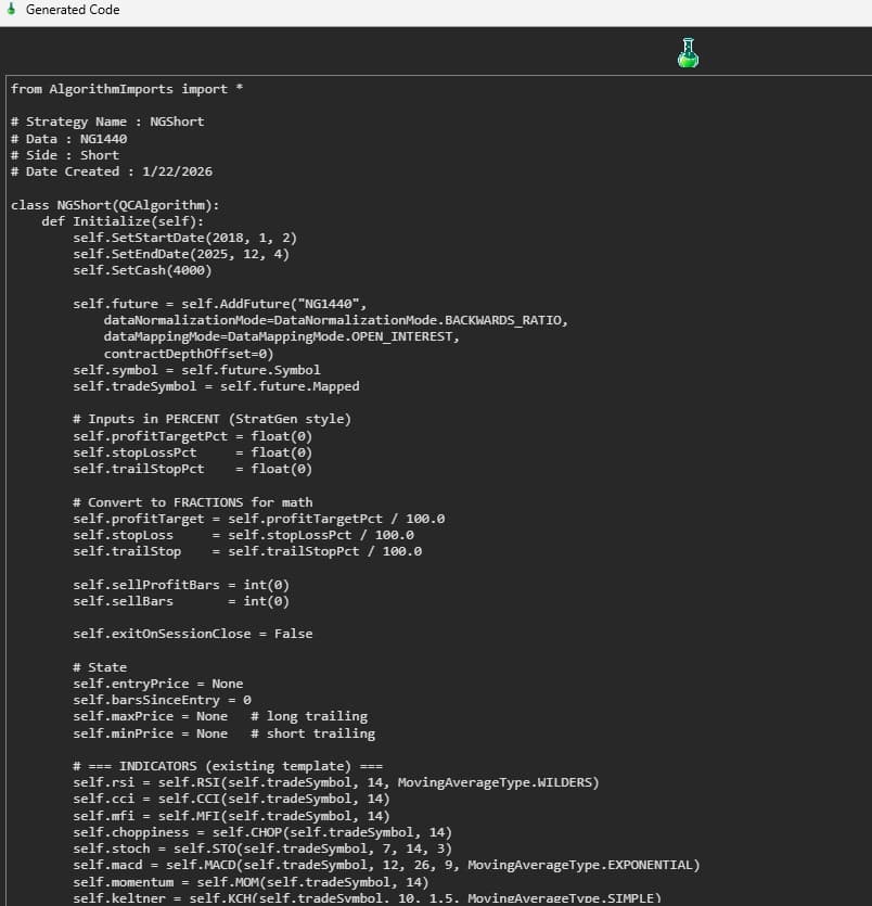 StratGen automatic code generator for NinjaTrader, TradeStation, and Python - no-code algorithmic trading strategy export